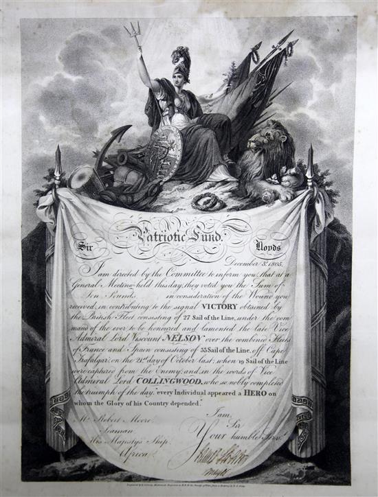 December 3rd 1805. A Lloyds Patriotic Fund Trafalgar Citation Award of £10 to Mr Robert Moore, Seaman, 22.5 x 17in.